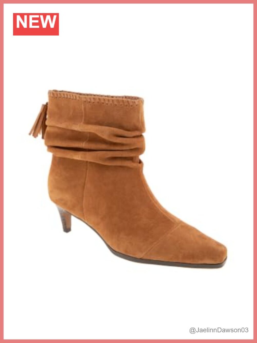 Suede Ankle Bootie with Tassel Accent, Kitten Heel, Scrunch Detail